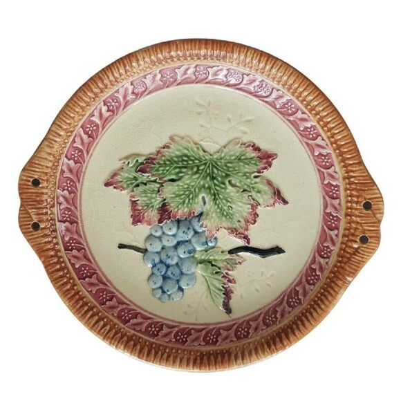 Vintage Decorative Plate Raised Grapes & Leaves 10.5" Made in Japan Handles - Picture 1 of 9